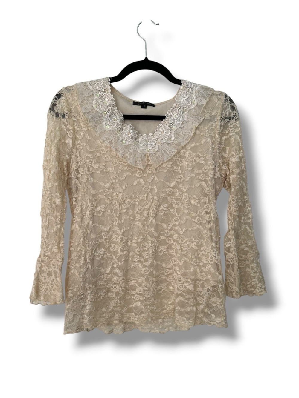 Vintage Y2K Antique White Lace Mesh Ruffle Bell Sleeve Fairy Top Y.S. Shine M